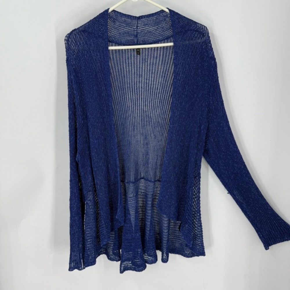 Eileen Fisher linen blend Open front mesh Knit blue cardigan Sweater XL